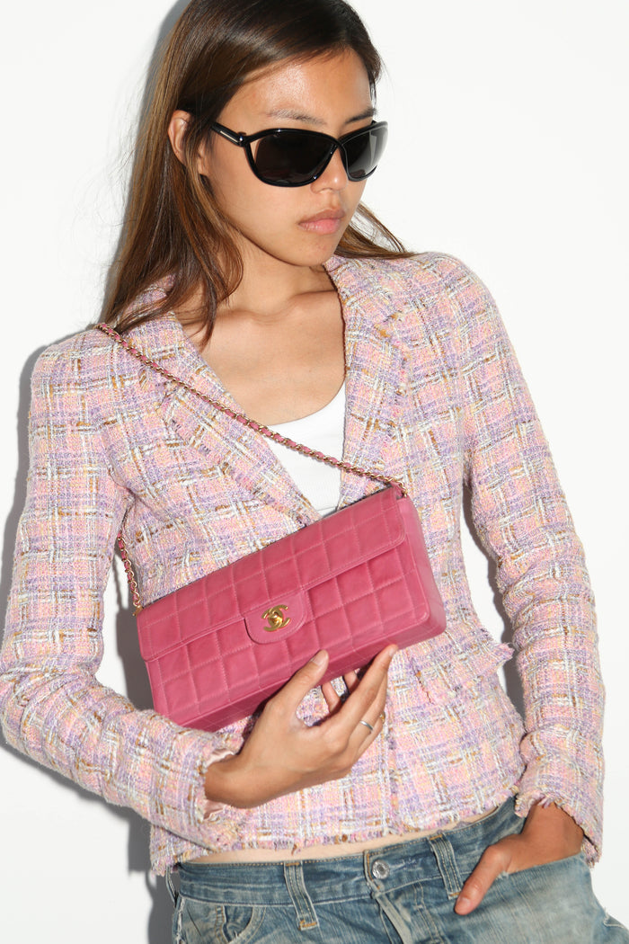 2000s Chanel Pink Lambskin Leather East-West Chocolate Bar Shoulder Bag