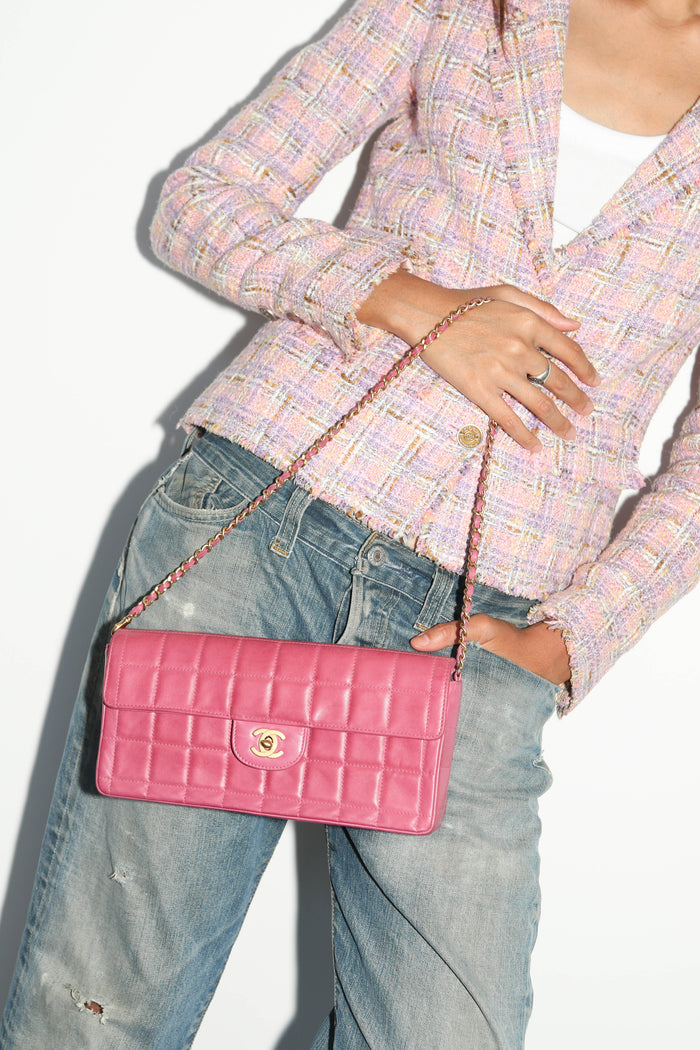 2000s Chanel Pink Lambskin Leather East-West Chocolate Bar Shoulder Bag