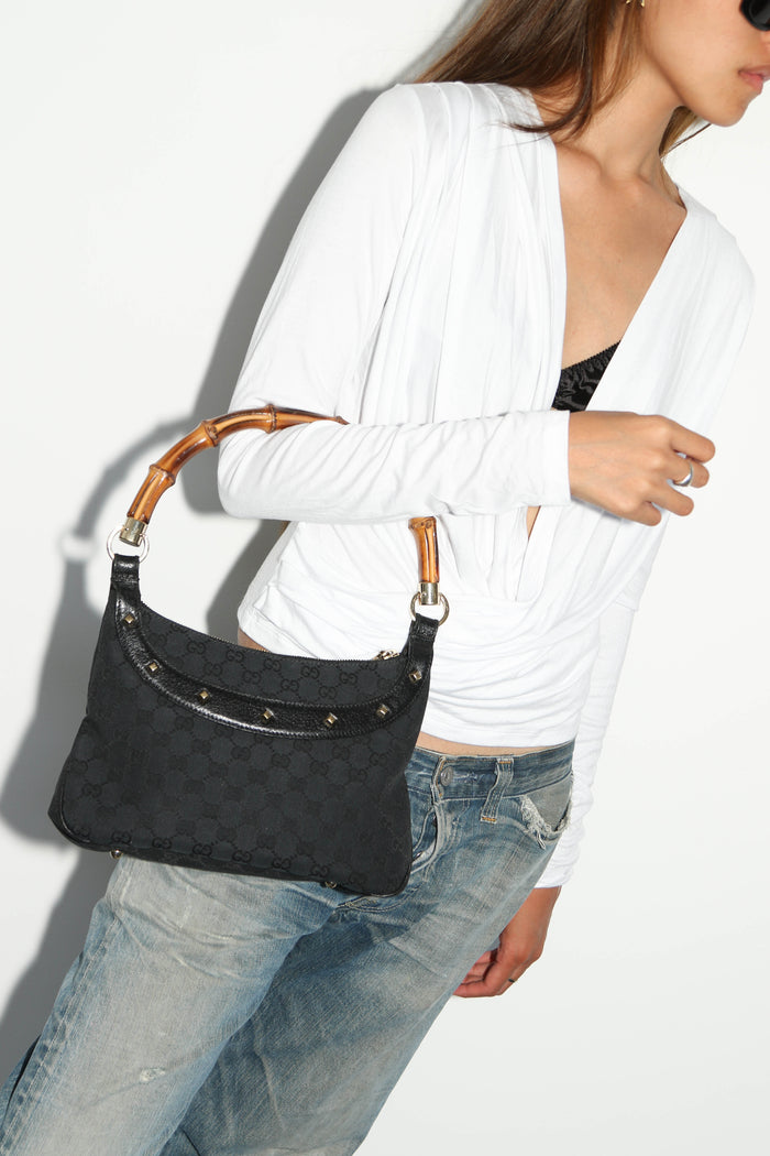 Vintage Gucci Monogram Canvas Bamboo Shoulder Bag