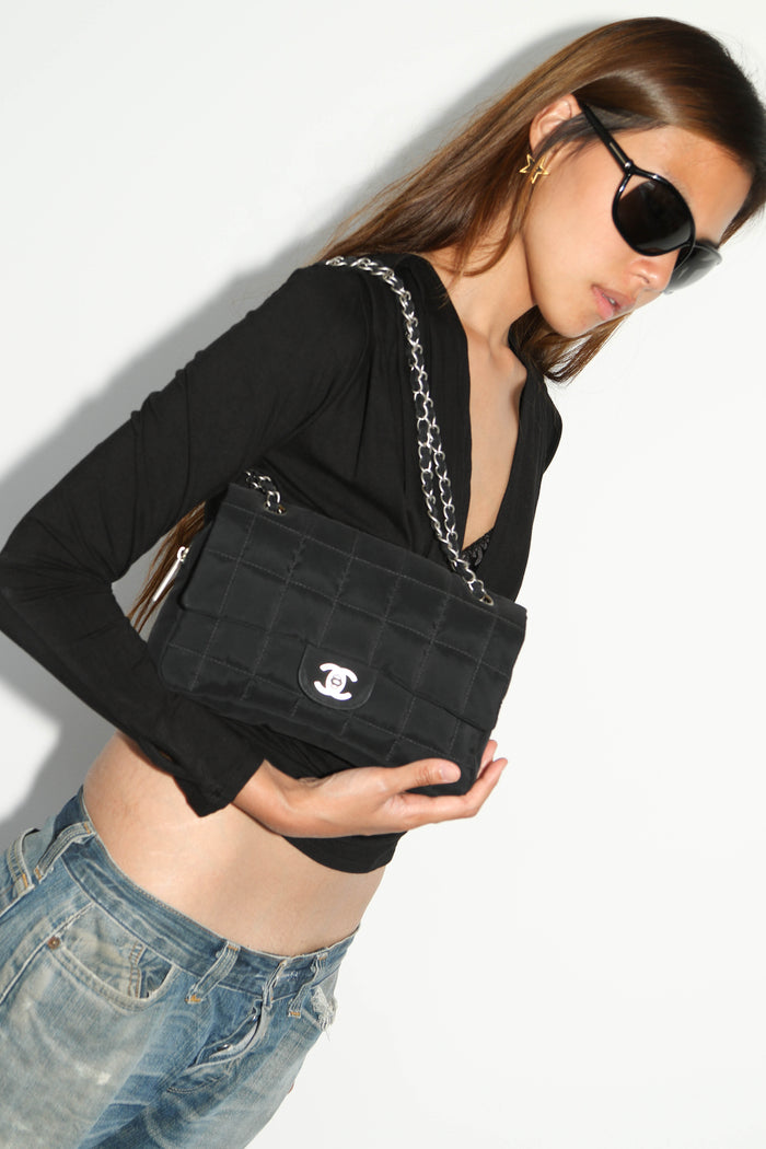 2000s Chanel Black Nylon Single Flap Bag with Brushed Silver Hardware
