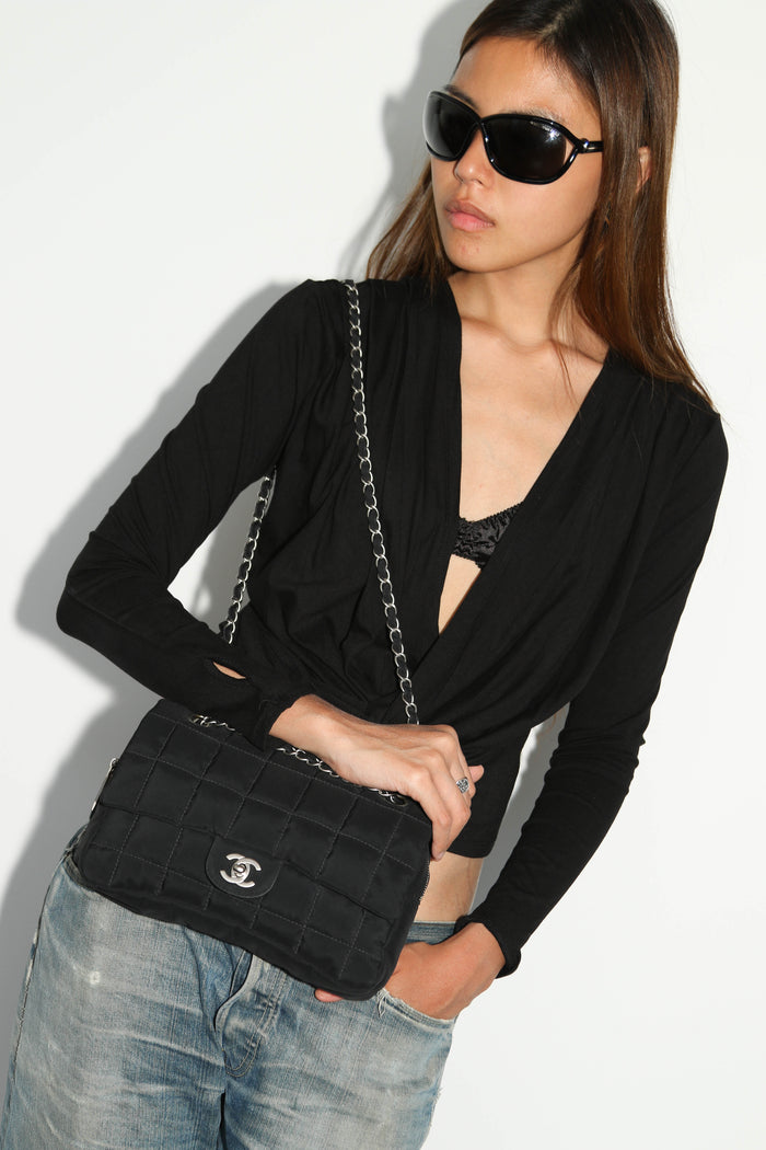 2000s Chanel Black Nylon Single Flap Bag with Brushed Silver Hardware