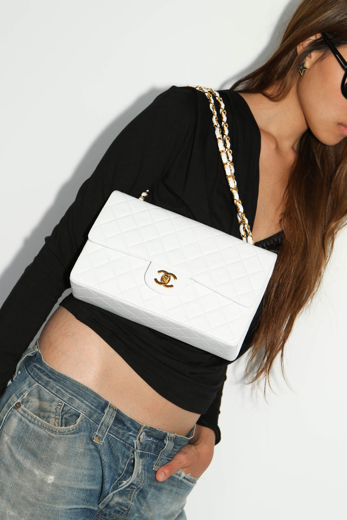 90s Chanel White Lambskin Leather Medium Classic Double Flap Bag GHW