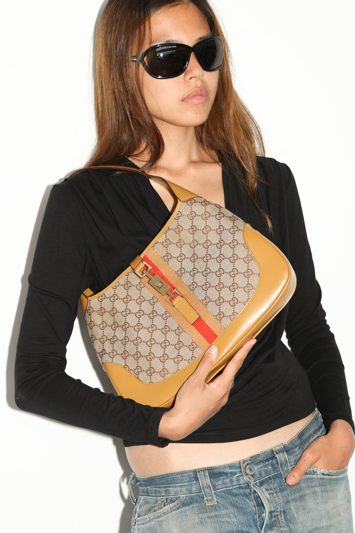 Vintage Gucci Monogram Canvas and Tan Leather Jackie Shoulder Bag