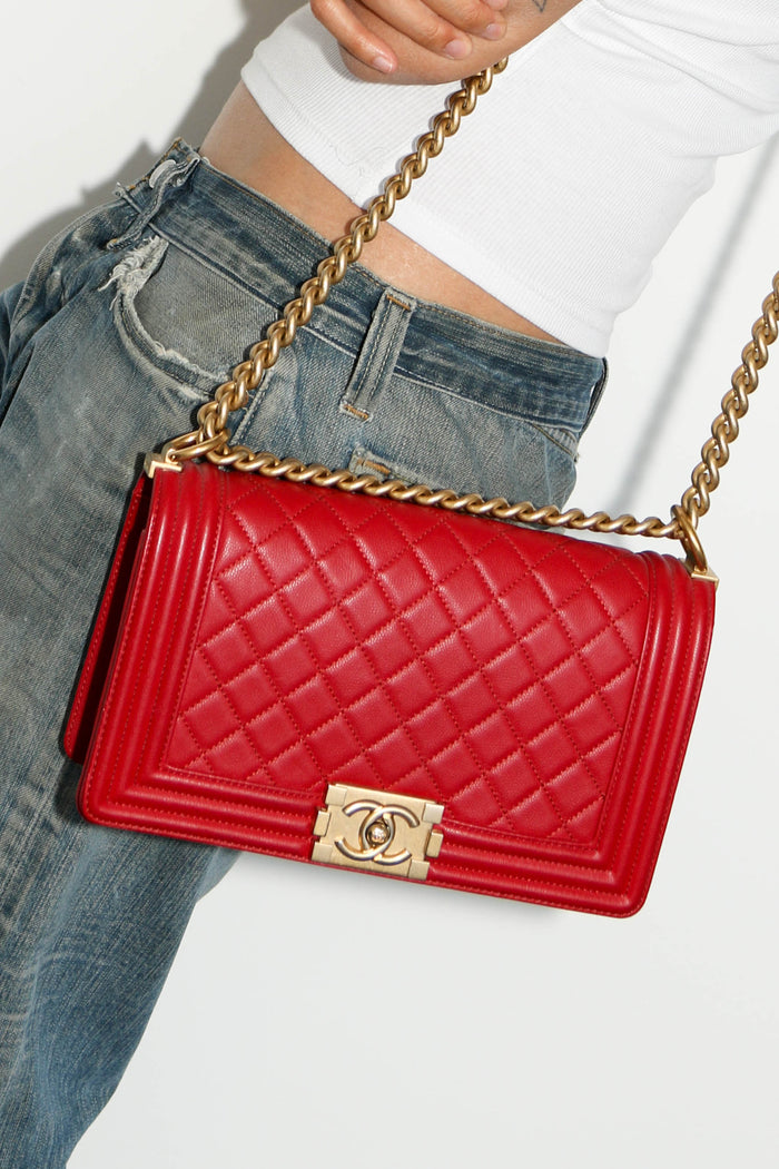 2010s Chanel Red Caviar Leather Medium Boy Bag