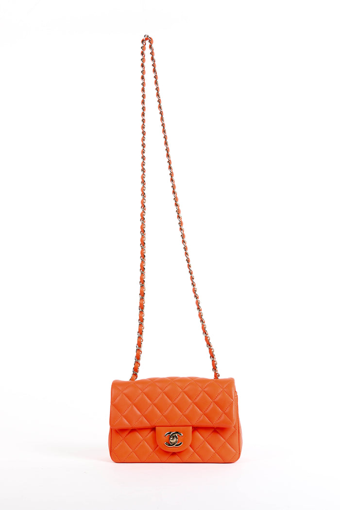 2020 Chanel Orange Lambskin Leather Mini Rectangular Flap Shoulder Bag