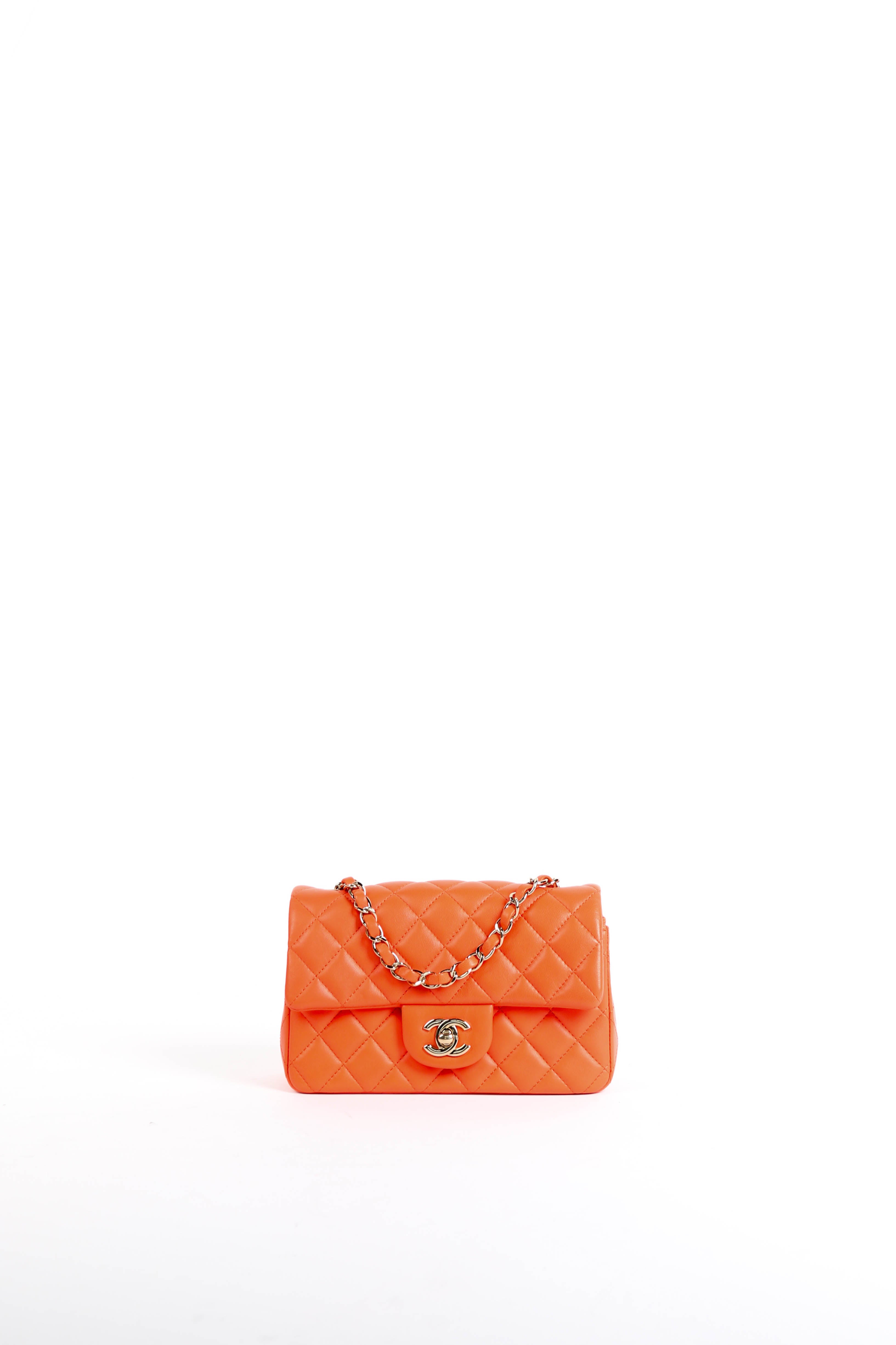 2020 Chanel Orange Lambskin Leather Mini Rectangular Flap Shoulder