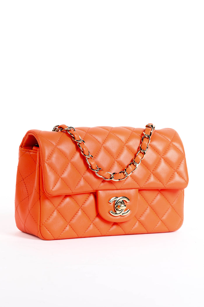 2020 Chanel Orange Lambskin Leather Mini Rectangular Flap Shoulder Bag