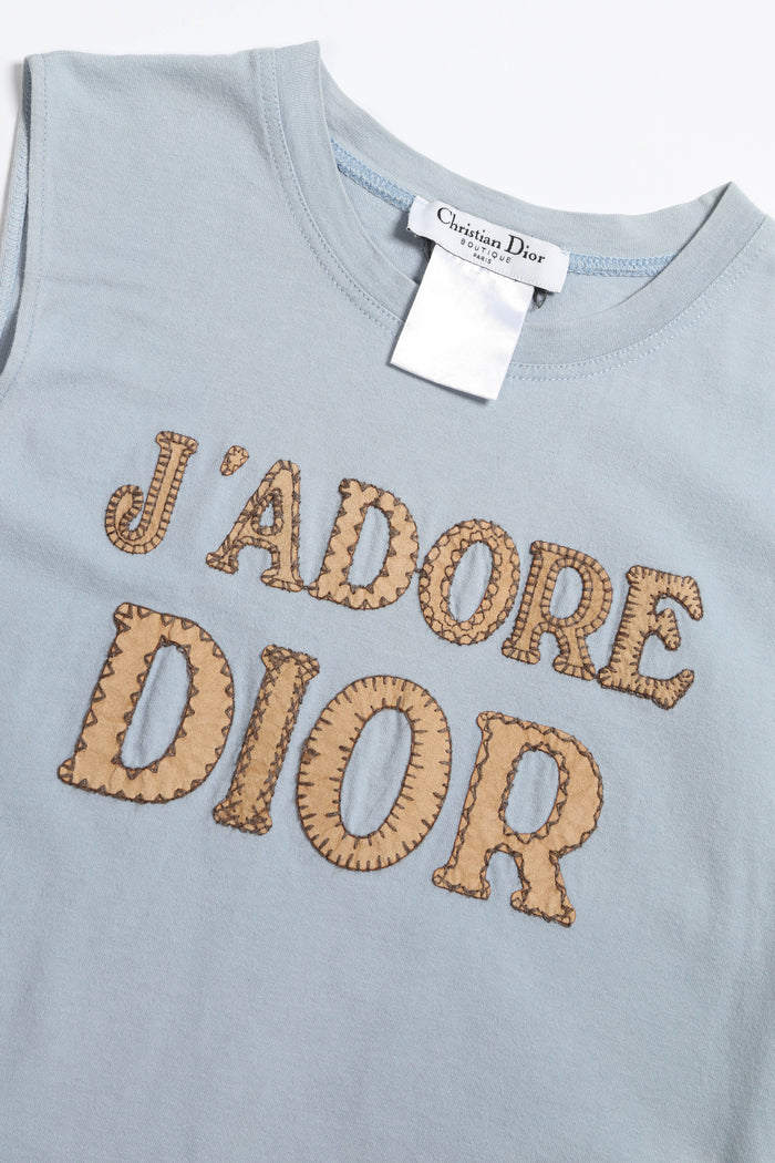 2000s Christian Dior Blue Blanket Stitch "J'adore Dior" Tank Top FR 40 (UK 12)