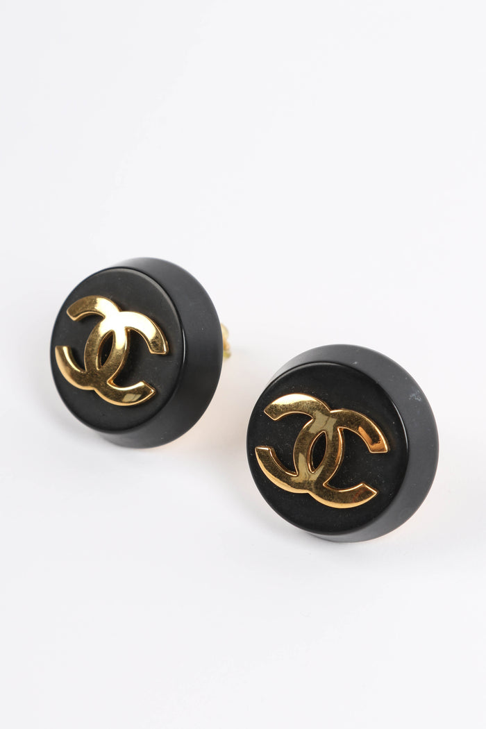 Vintage Chanel Black & Gold CC Round Earrings