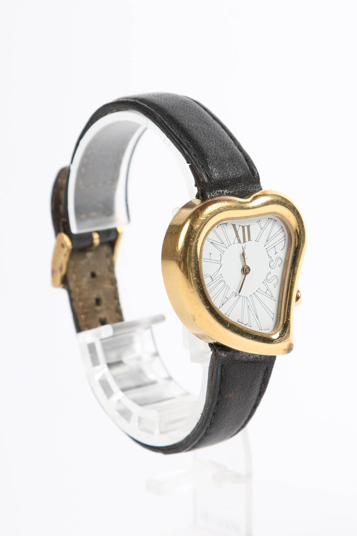 RARE YSL Gold Heart & Black Leather Watch