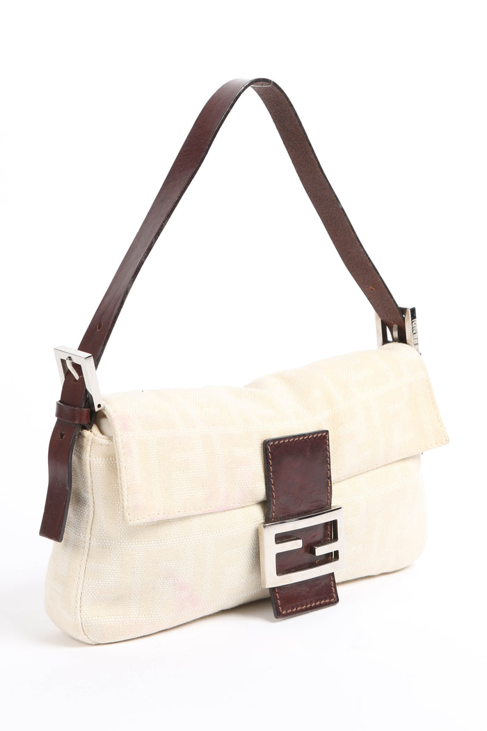Vintage Fendi Cream Canvas Zucca Baguette Shoulder Bag