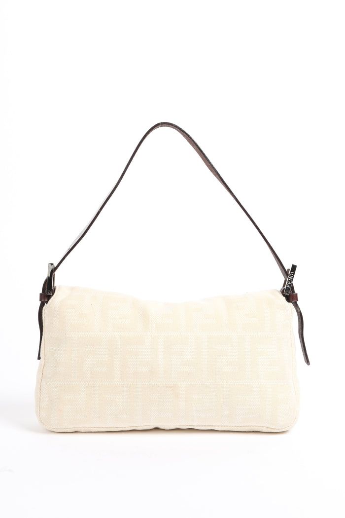 Vintage Fendi Cream Canvas Zucca Baguette Shoulder Bag