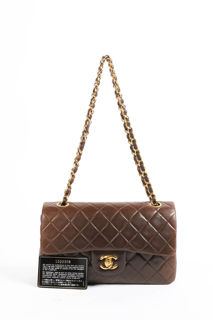 90s Chanel Brown Lambskin Leather Small Classic Double Flap Bag 24k GHW