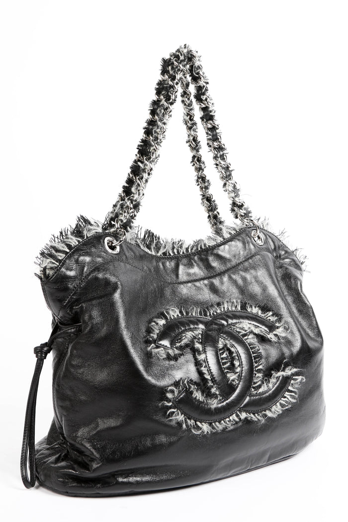 2010s Chanel Black Leather Fringe Tweed Shoulder Bag