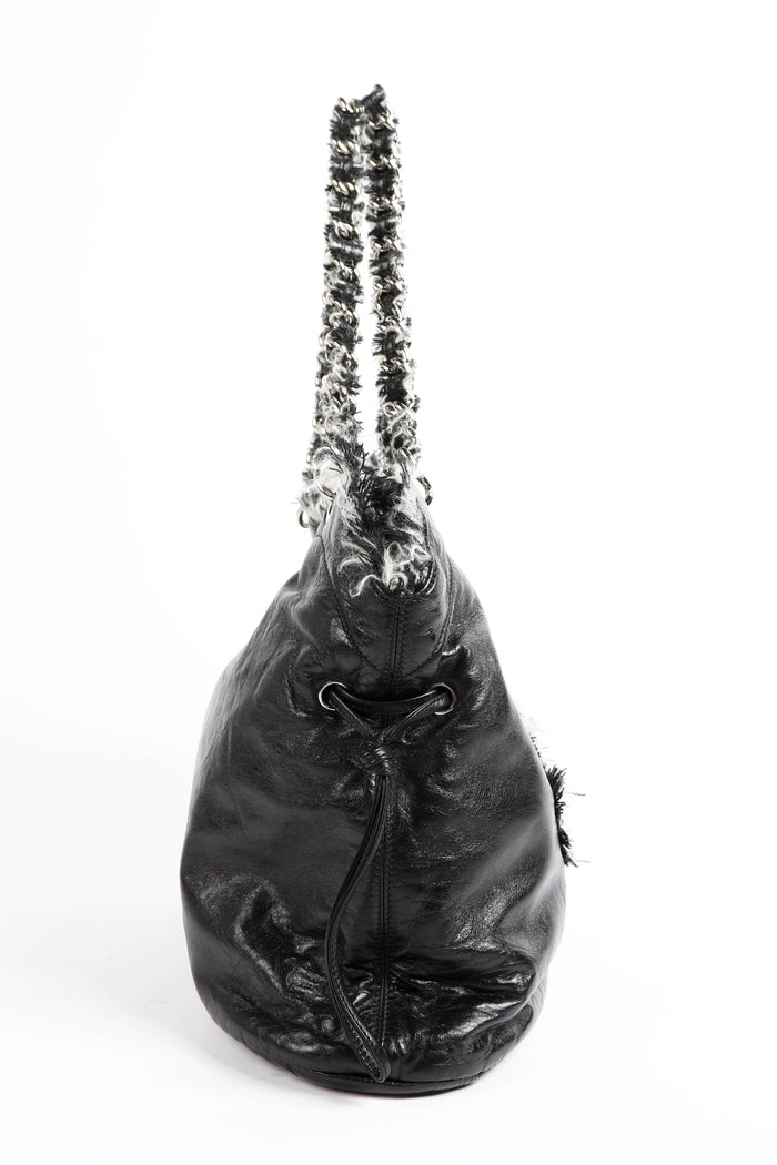 2010s Chanel Black Leather Fringe Tweed Shoulder Bag