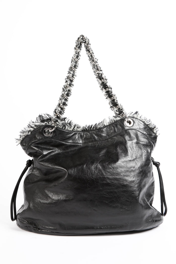 2010s Chanel Black Leather Fringe Tweed Shoulder Bag