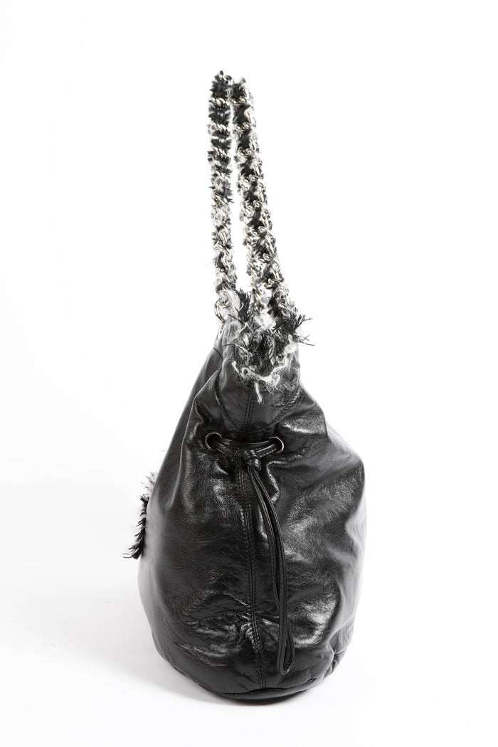 2010s Chanel Black Leather Fringe Tweed Shoulder Bag