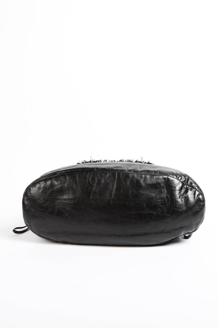 2010s Chanel Black Leather Fringe Tweed Shoulder Bag