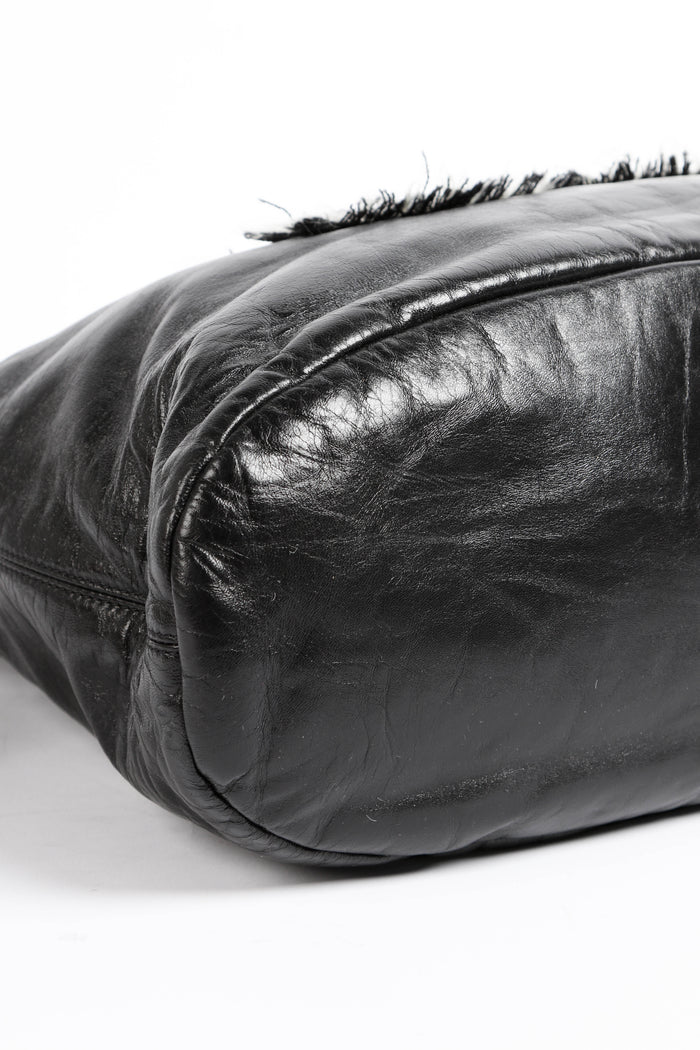2010s Chanel Black Leather Fringe Tweed Shoulder Bag