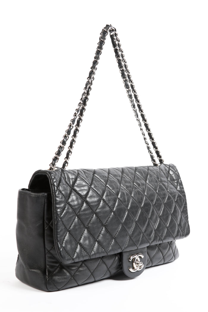 2000s Chanel Black Lambskin Leather Coco Rain Jumbo Single Flap Shoulder Bag