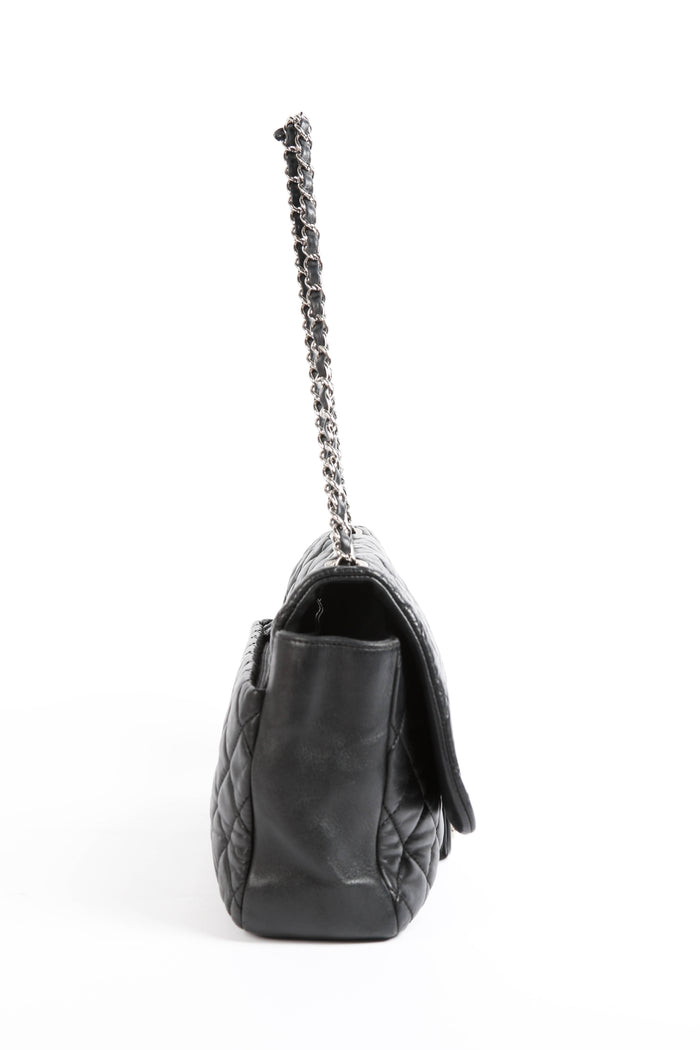 2000s Chanel Black Lambskin Leather Coco Rain Jumbo Single Flap Shoulder Bag