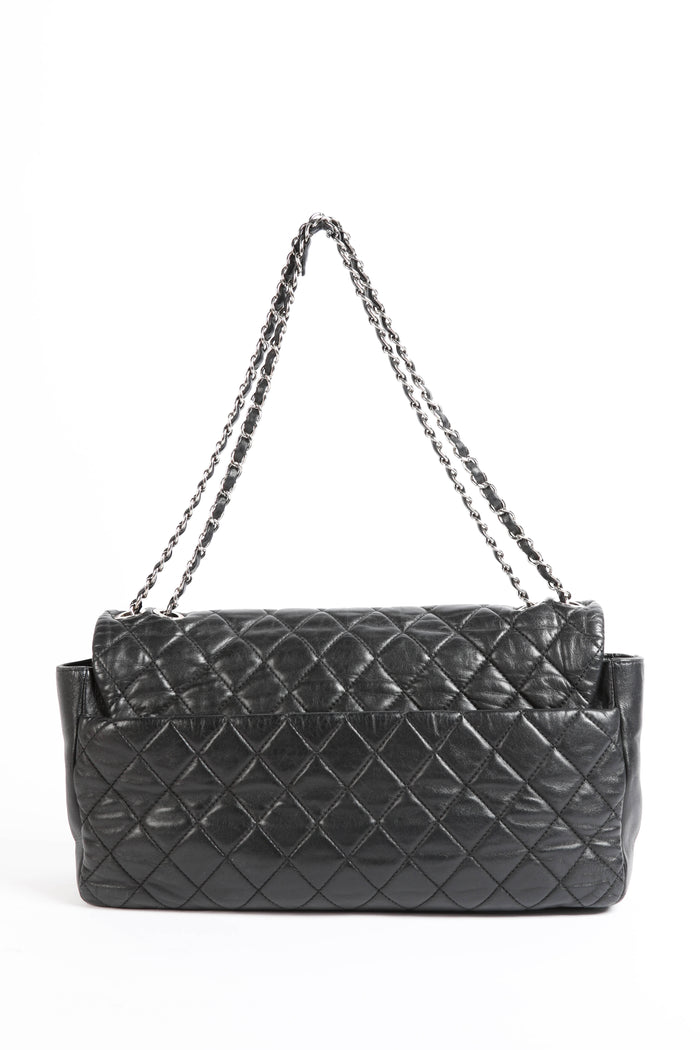 2000s Chanel Black Lambskin Leather Coco Rain Jumbo Single Flap Shoulder Bag