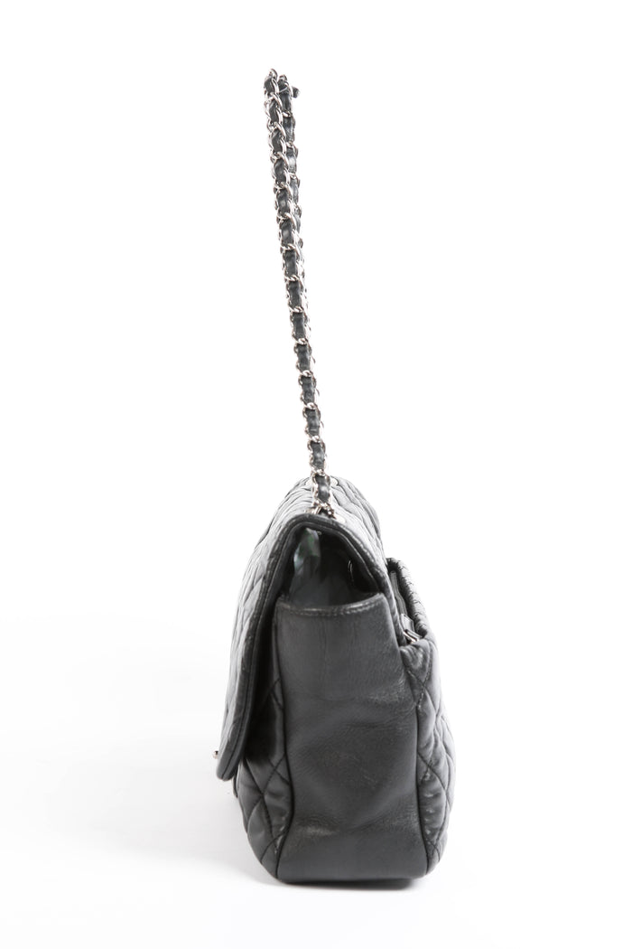 2000s Chanel Black Lambskin Leather Coco Rain Jumbo Single Flap Shoulder Bag