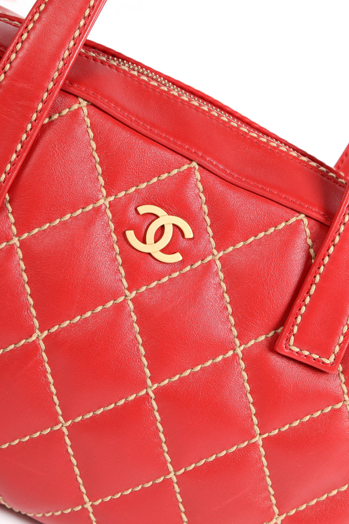 Vintage Chanel Red Leather Wild Stitch Top Handle Bag