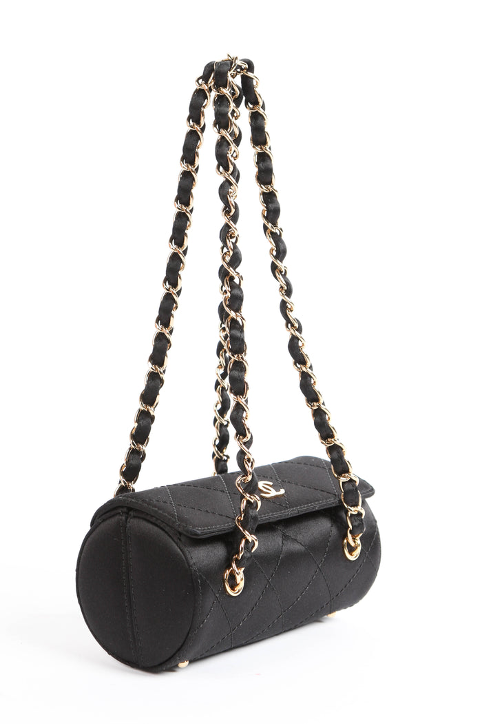 SUPER RARE 2000s Chanel Black Satin Mini Barrel Bag