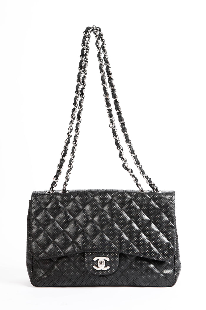 2010s Chanel Black Perforated Lambskin Leather Jumbo Single Flap Shoulder Bag