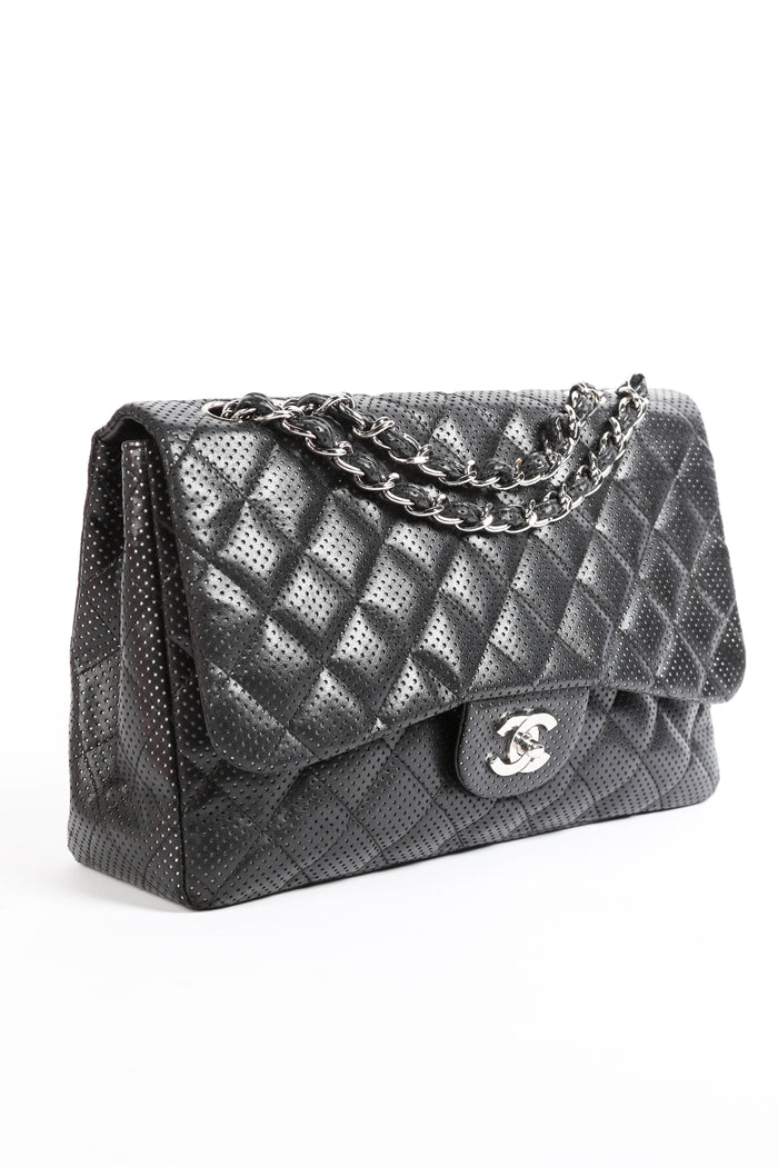 2010s Chanel Black Perforated Lambskin Leather Jumbo Single Flap Shoulder Bag