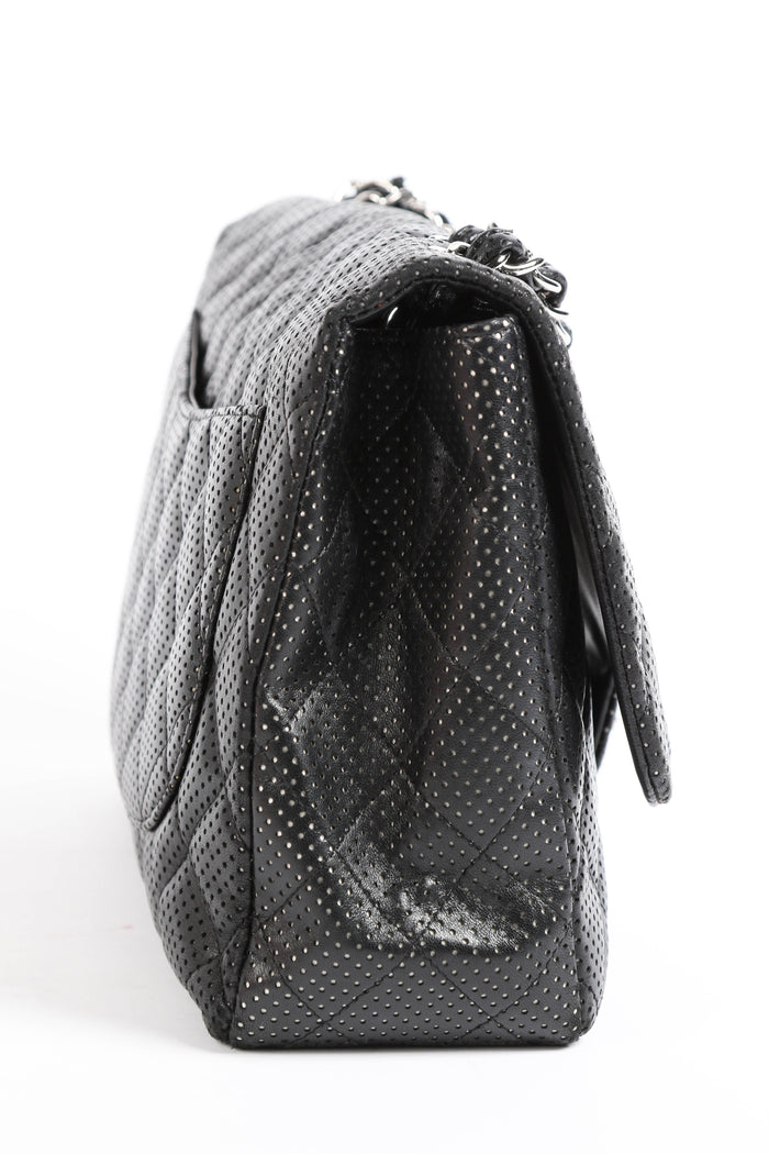 2010s Chanel Black Perforated Lambskin Leather Jumbo Single Flap Shoulder Bag