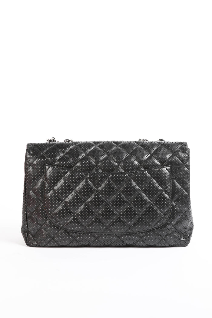 2010s Chanel Black Perforated Lambskin Leather Jumbo Single Flap Shoulder Bag