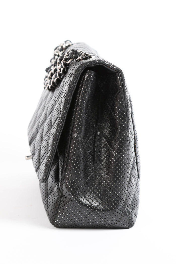 2010s Chanel Black Perforated Lambskin Leather Jumbo Single Flap Shoulder Bag