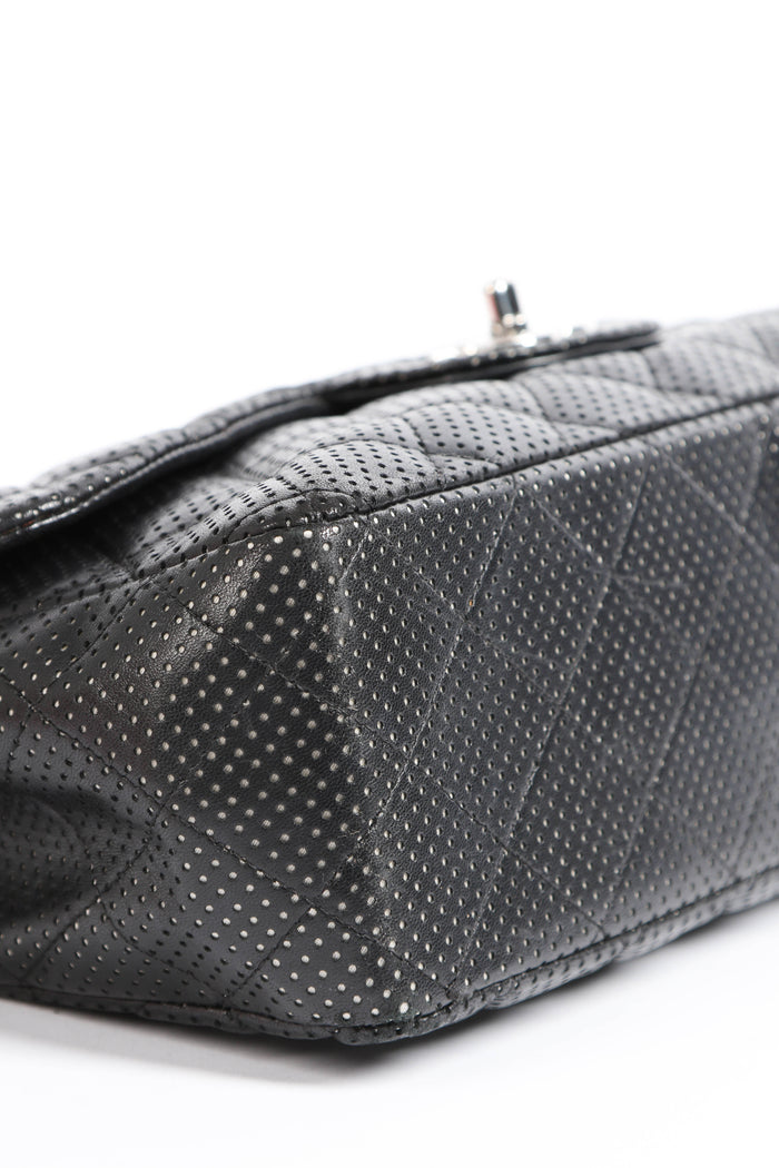 2010s Chanel Black Perforated Lambskin Leather Jumbo Single Flap Shoulder Bag