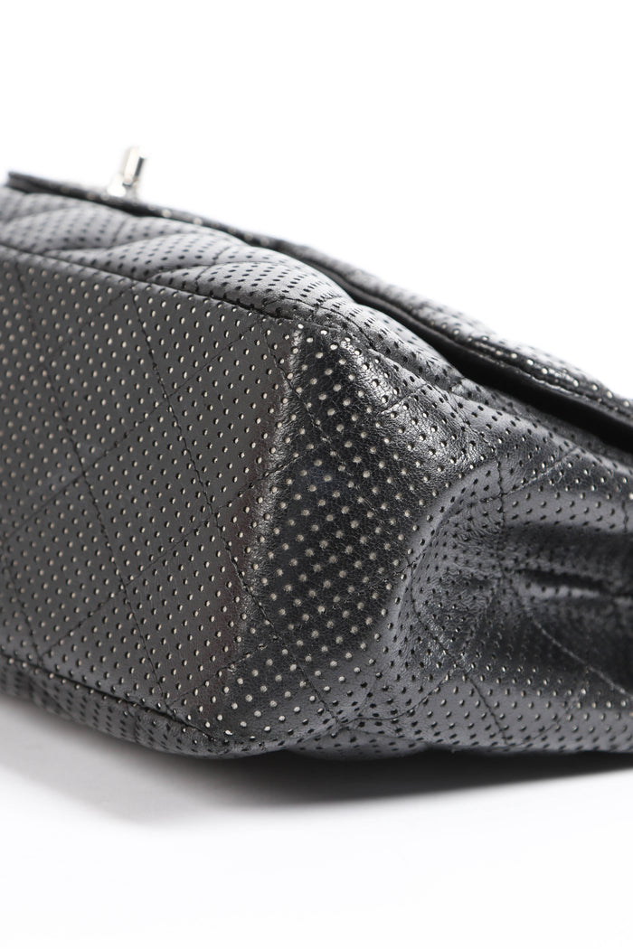 2010s Chanel Black Perforated Lambskin Leather Jumbo Single Flap Shoulder Bag