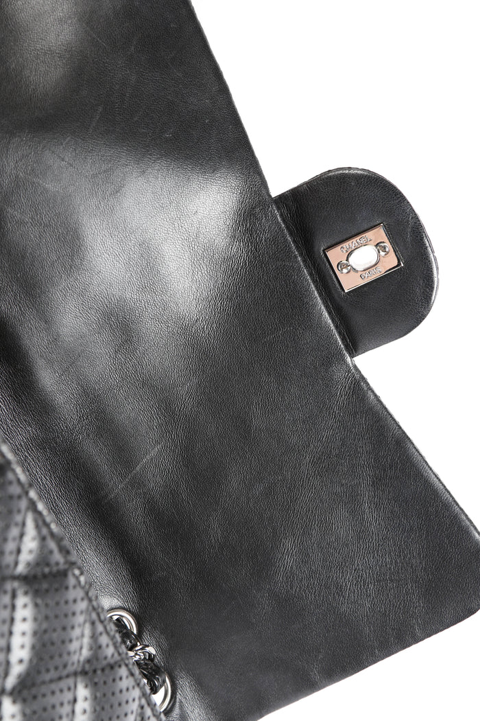 2010s Chanel Black Perforated Lambskin Leather Jumbo Single Flap Shoulder Bag