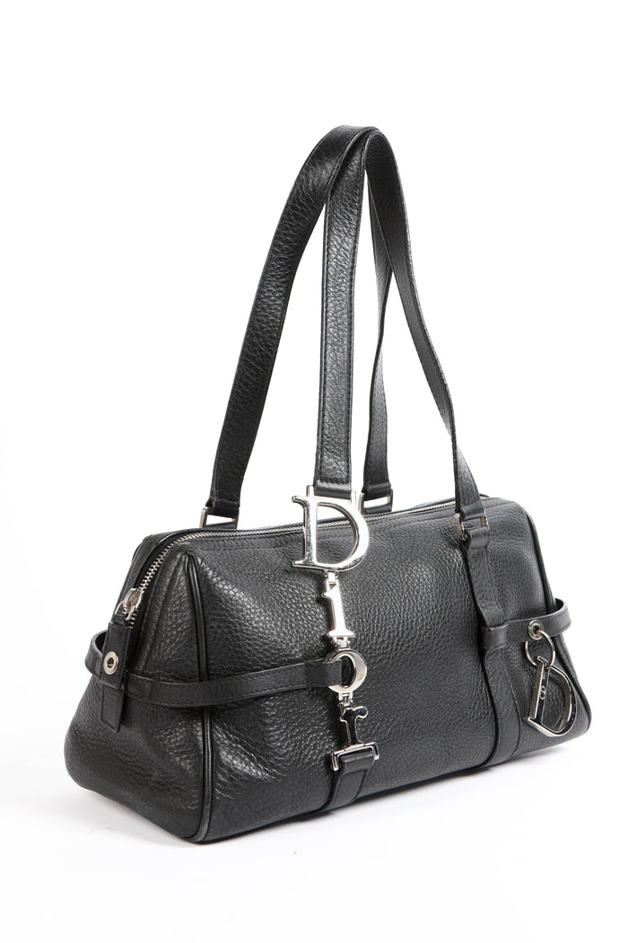 2000s Christian Dior Black Leather Lettering Shoulder Bag