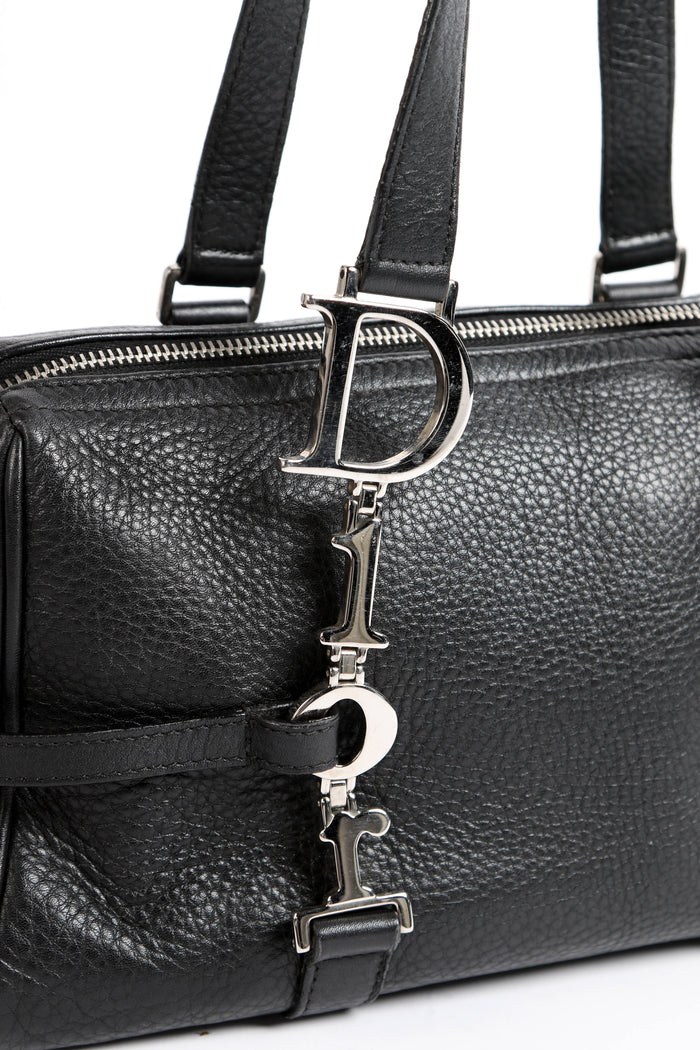 2000s Christian Dior Black Leather Lettering Shoulder Bag