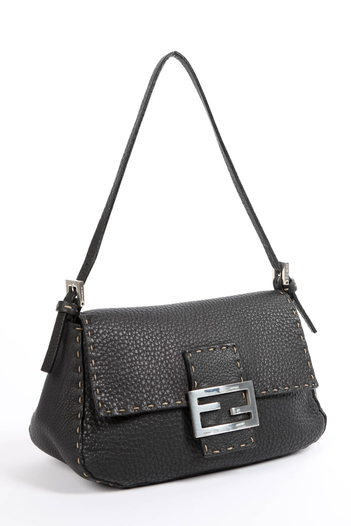 Vintage Fendi Black Leather Selleria Mini Mamma Baguette Bag