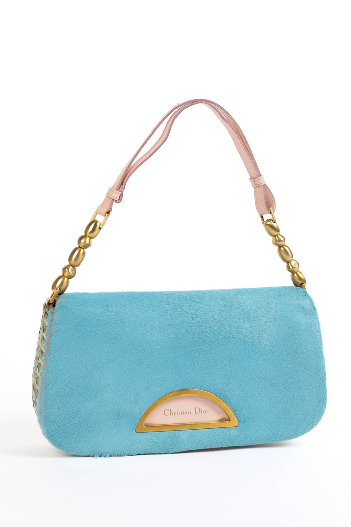 RARE Christian Dior Blue Pony Hair and Python Malice Shoulder Bag
