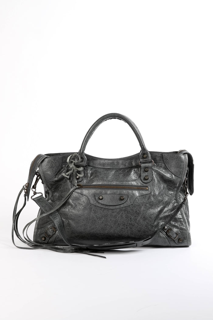 2010s Balenciaga Charcoal Grey Leather City Bag