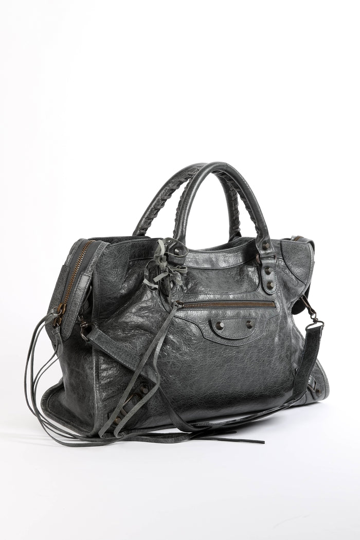 2010s Balenciaga Charcoal Grey Leather City Bag