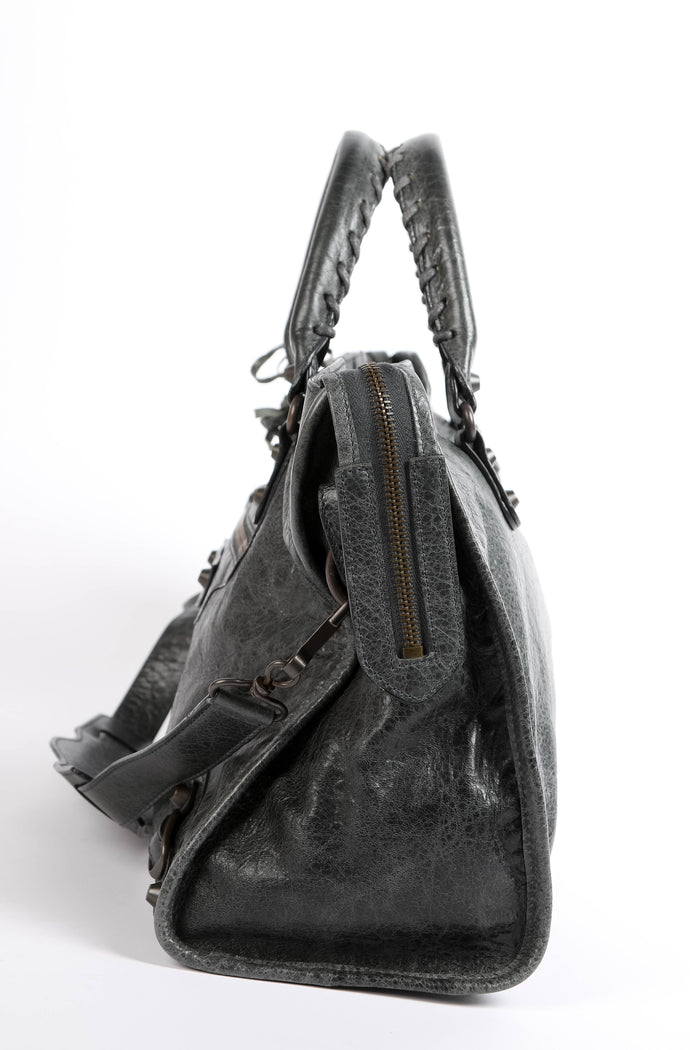 2010s Balenciaga Charcoal Grey Leather City Bag