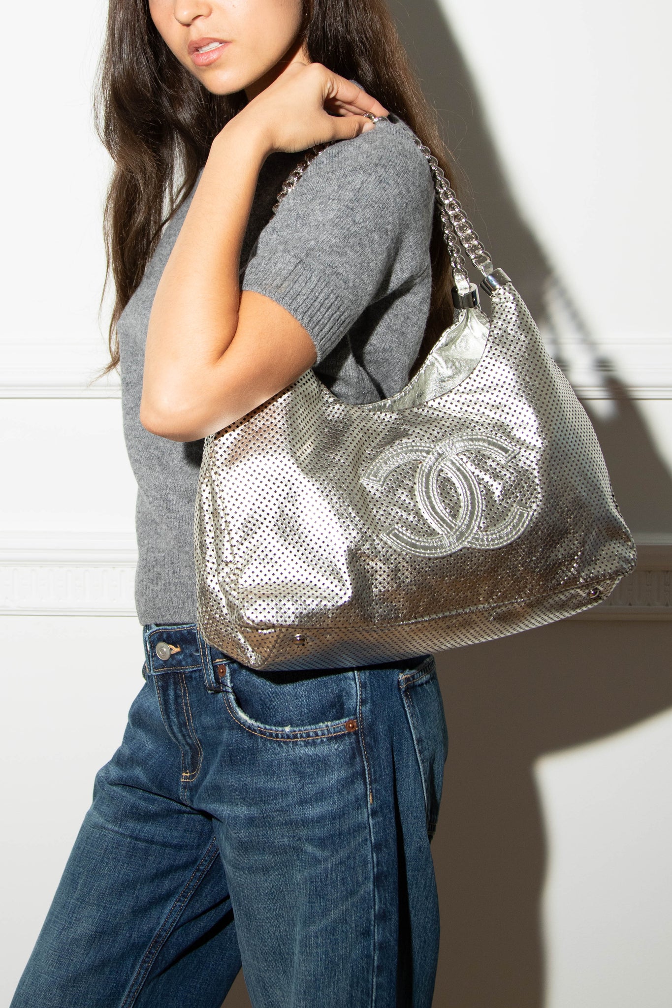 2000s Chanel Silver Perforated Leather Rodeo Drive Tote Bag