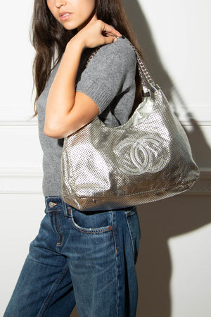 2000s Chanel Silver Perforated Leather Rodeo Drive Tote Bag