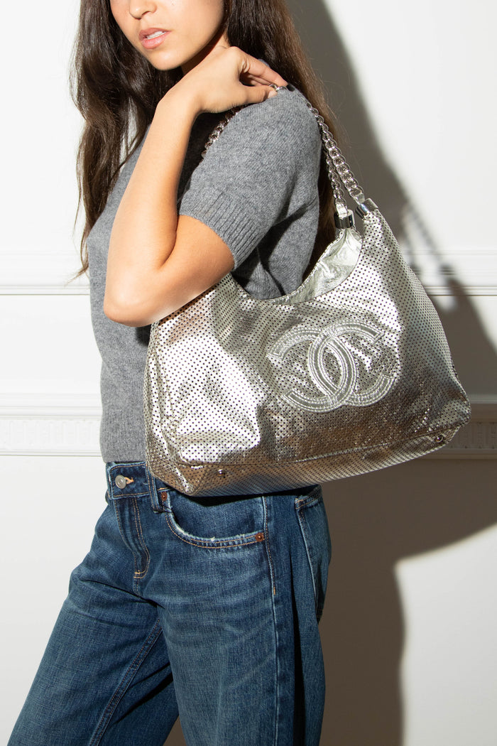 2000s Chanel Silver Perforated Leather Rodeo Drive Tote Bag