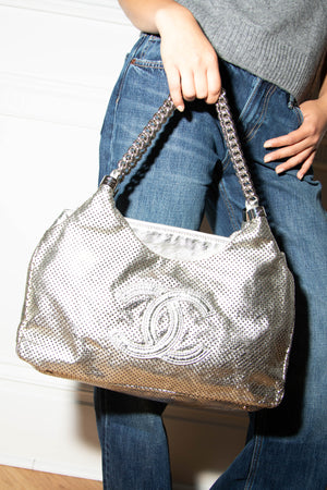 2000s Chanel Silver Perforated Leather Rodeo Drive Tote Bag