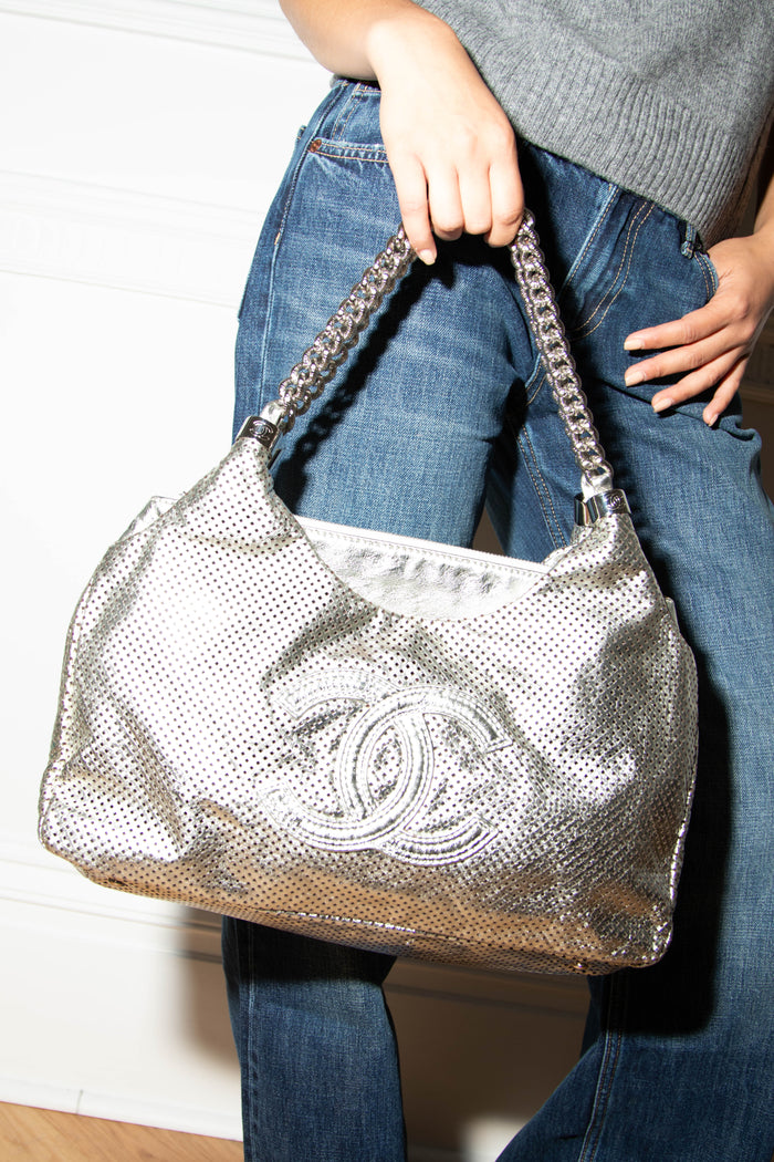 2000s Chanel Silver Perforated Leather Rodeo Drive Tote Bag