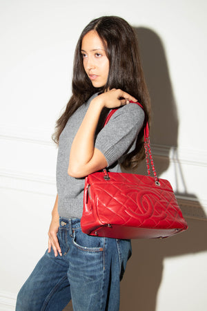 2010s Chanel Red Caviar Leather Timeless CC Shopper Tote Bag